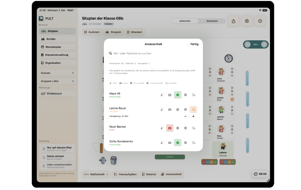 Anwesenheitsdialog in PULT mit Status für anwesende, fehlende und verspätete Schüler