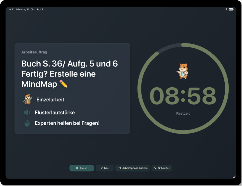 PULT-Timer mit Arbeitsauftrag, Einzelarbeit und verbleibender Zeit auf einem iPad